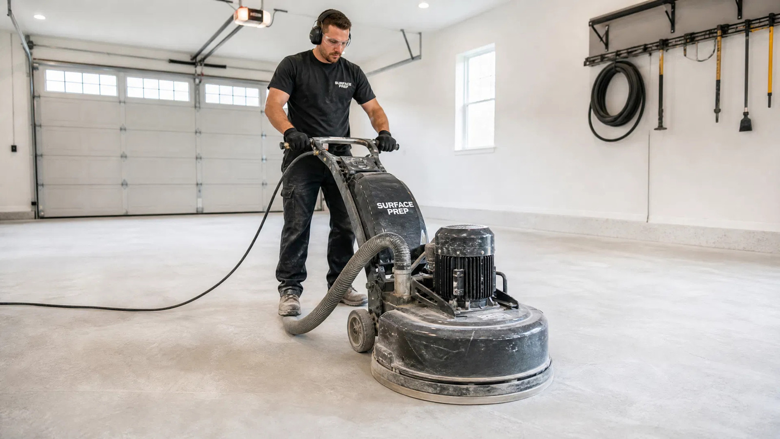 Professional contractor mechanically preparing a garage floor before coating installation
